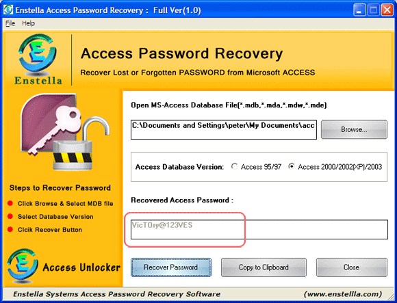 Access Password Recovery screen shot