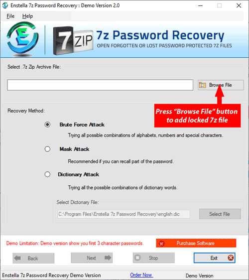 7z Password Recovery tool main screen
