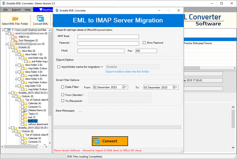 EML to IMAP import options