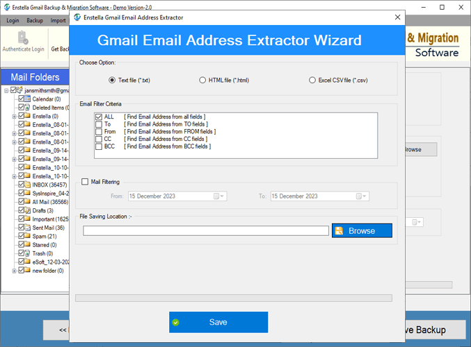 email address extraction settings