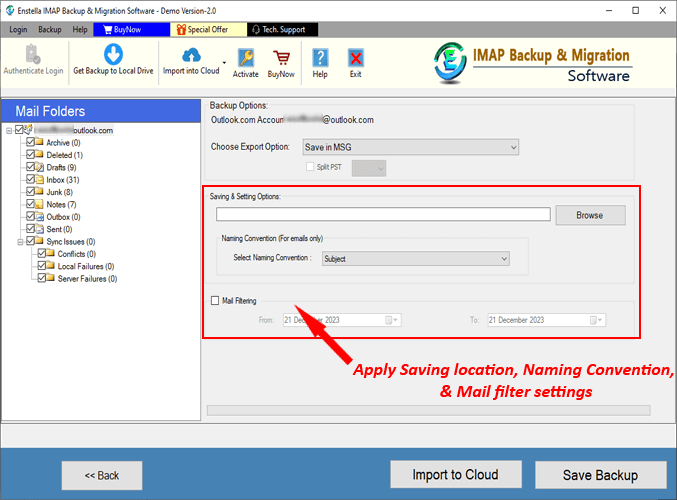 imap backup settings and options