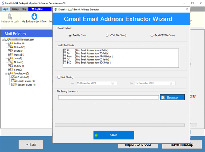 email address extraction settings