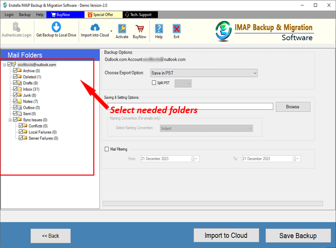 load IMAP account mailbox and select needed folders