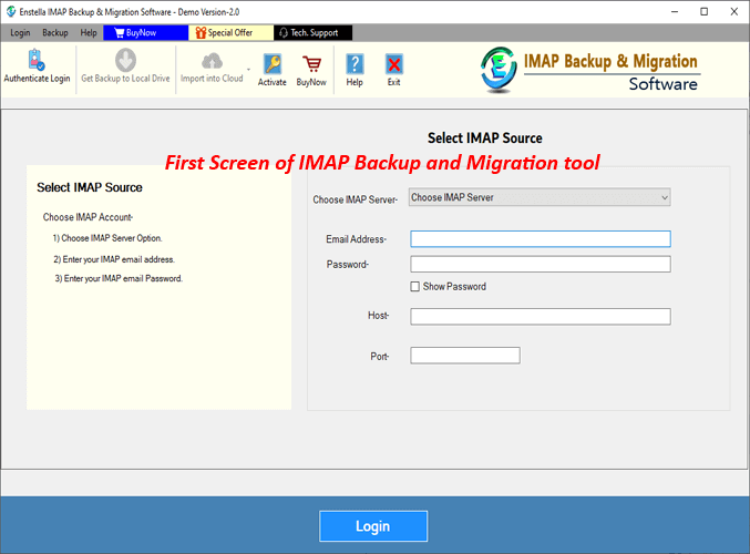 Imap backup & Migration software first screen