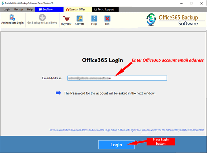 Launch Office365 backup software and login
