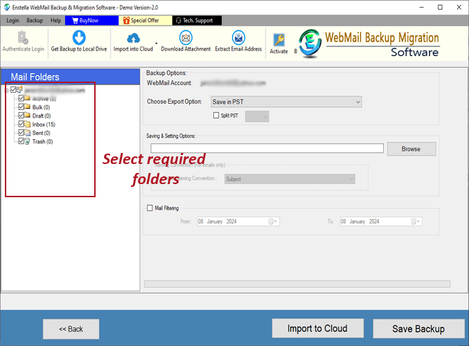 load Webmail account mailbox and select needed folders